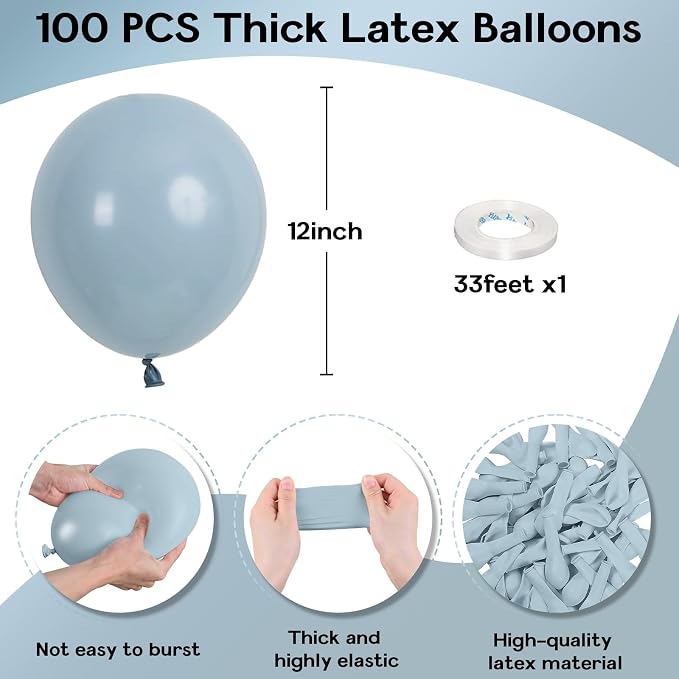 Jobkoo Blue Balloons - 12 Inch, 100 Pack Muted Dusty Blue Latex Balloons for Birthday, Boho Baby Shower, Bachelorette Party Decorations