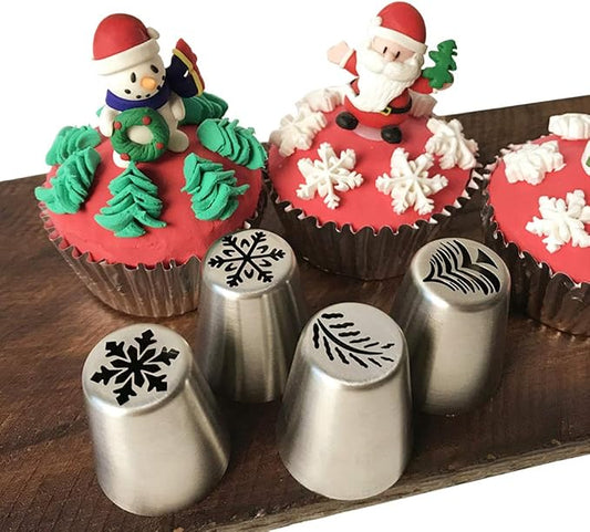4 PCS Christmas Pastry Icing Piping Nozzles,Special Stainless Steel Russian Piping Tips Set,Cake Decorating Tools(1 Christmas Tree,2 Snowflake,1 Leaf)