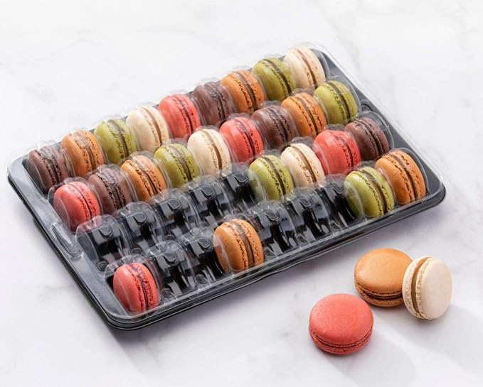 Pastry Chef's Boutique Clear Plastic Closeable French Macaron Boutique Storage Display Trays - 6 Sets - Each Box Holds 36 Macarons - Black Bases