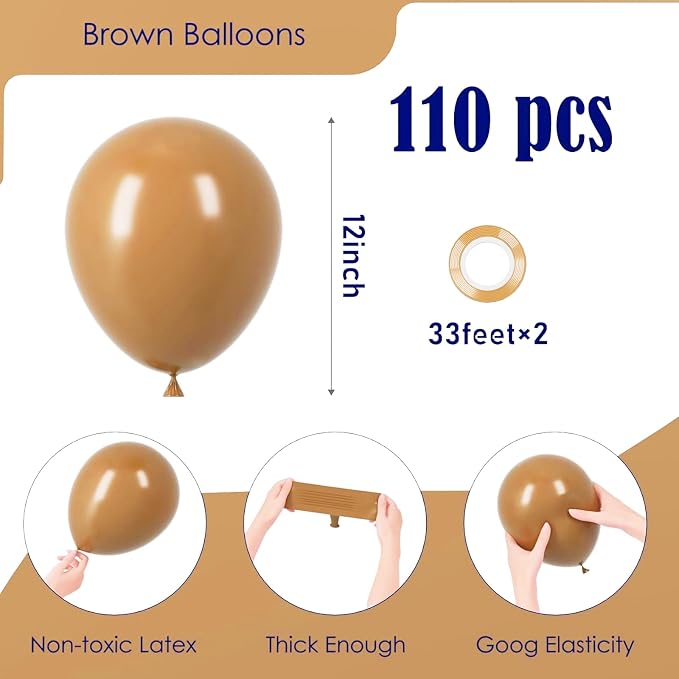 Voircoloria 110pcs Brown Balloons 12inch Brown Latex Party Balloons for Graduation, Bear Themed Party, Wedding, Birthday, Bridal Shower, Baby Shower, Anniversary Party Decorations