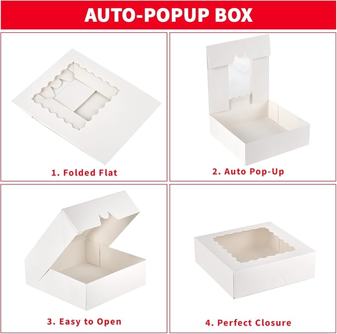 Ocmoiy 20 Pack Pie Boxes, 8 x 8 x 2.5 Inches Bakery Boxes with Window, Auto-Popup Cookie Treat Boxes for Chocolate Strawberries, Pastries, Muffins, Donuts