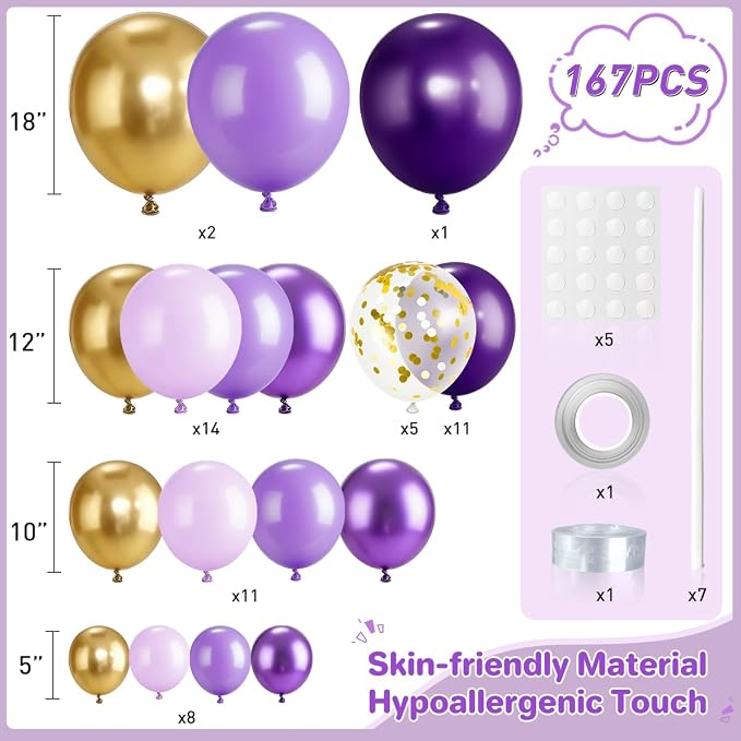 Purple and Gold balloon Arch Kit, 167Pcs Dark Light Metallic Lavender Purple Gold Chrome and Confetti Balloon for Women Girl Princess Birthday, Wedding Graduation Birthday Party Decorations