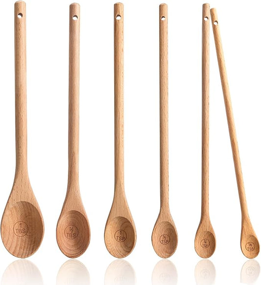 Wooden Meauring Spoons Set of 6 - Long Handle Beechwood Measuring Spoons 1/8 TSP, 1/4 TSP, 1/2 TSP, 1 TSP, 1/2 tbsp & 1 tbsp for Measuring Dry Ingredients for Cooking Baking Gift(10 inch)