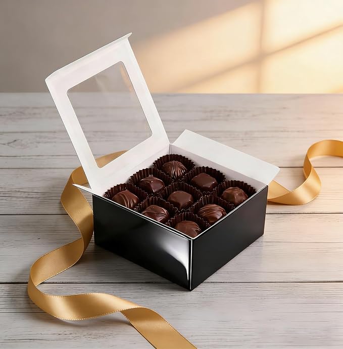 Frantis 24 Pack Black Gift Boxes with Window, 4x4x2 Inch Soap Boxes for Packaging, Small Favor Treat Boxes for Cookies, Candy, Handmade Soap, Wedding Party Favors with Gold Ribbon