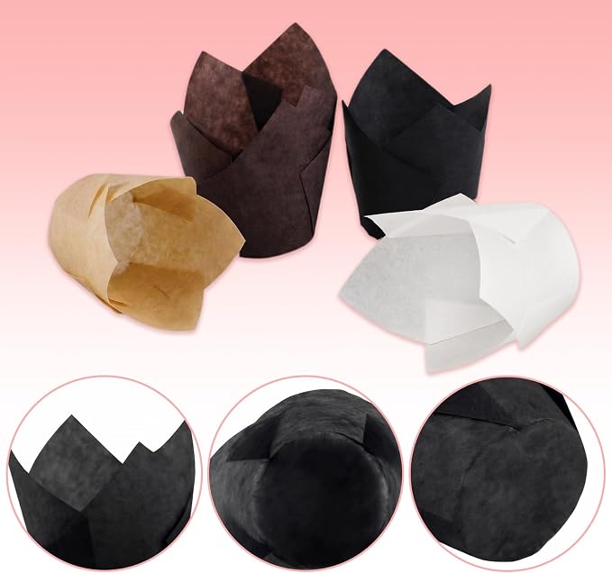 200 Pcs Tulip Cupcake Liners for Baking, White Natural Brown Black | Standard Greaseproof Tulip Muffin Liners for Baking, 3oz Paper Cupcake Wrappers for Party Wedding Birthday