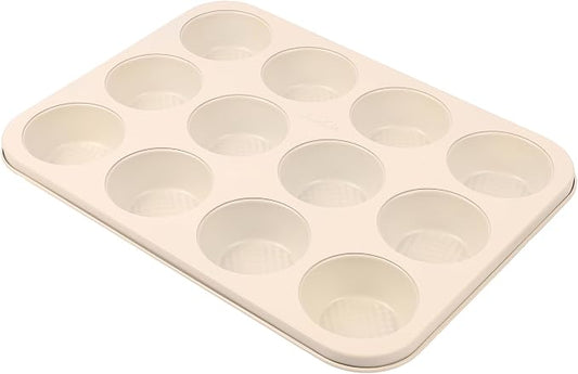 David Burke 12-Cup Muffin Pan, Carbon Steel, PFTE & PFOA Free, Oven Safe, Diamond Textured Surface – Cream