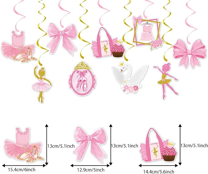Zwiebeco Pink Gold Ballerina Happy Birthday Banner Bunting Hanging Paper Swirls Garland Party Decorations for Girls Women Princess-Style Ballet Dancing Themed Bday Decor Accessories Supplies