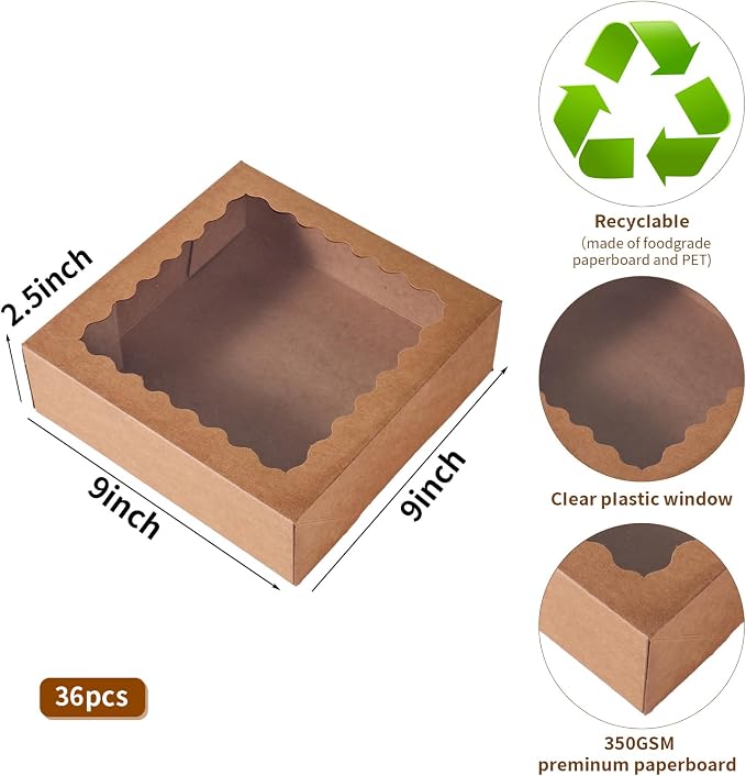 36 pcs 9x9x2.5 Inches Cake Box with Window, Bakery Pastry Cookie Boxes, Mini Pie for Pastry,Dessert,Strawberries,Chocolates (Brown, 9x9x2.5inch/36pcs)