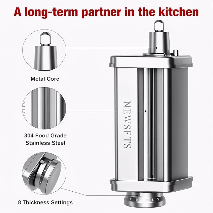 Pasta Roller Attachment for KitchenAid Stand Mixer, Stainless Steel Pasta Maker for Pasta, Ravioli, Noodle Dough Sheet Roller with 8 Adjustable Thickness Knob