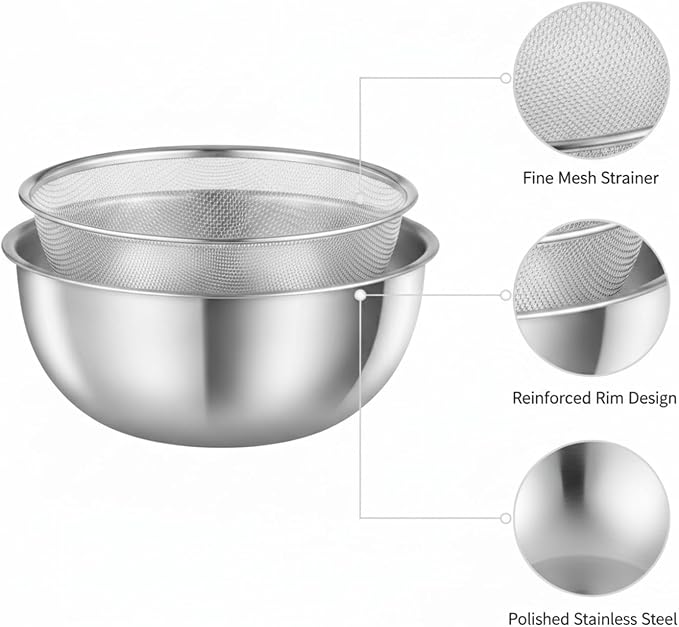 Stainless Steel Mixing Bowl Set with Nested Strainer for Washing, Draining, and Food Prep