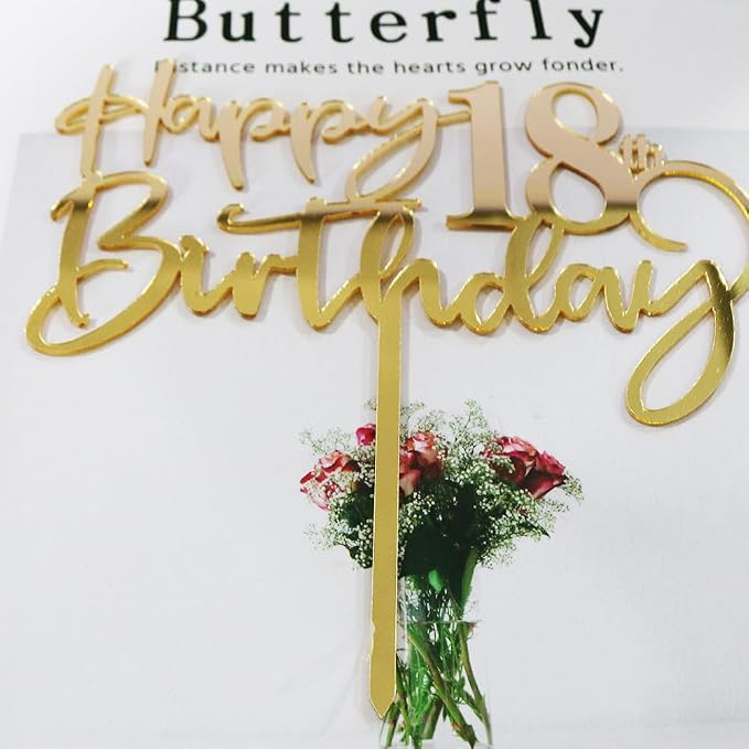 Happy 18th birthday cake Topper,Mirrored Gold Acrylic Durable Cake Topper,18th Birthday Party Cake Decorations,Hello18th years old, Happy eighteen years old, Birthday Party Decorations