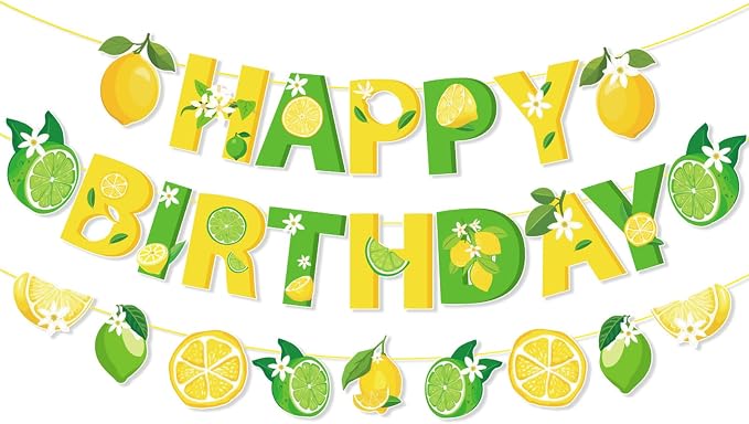Zwiebeco Green Yellow Lemon Happy Birthday Party Decoration Banner Bunting Garland Hanging Paper for Boys Girls Women Kids Adults Summer Fruit Themed Party Decor Accessories Supplies