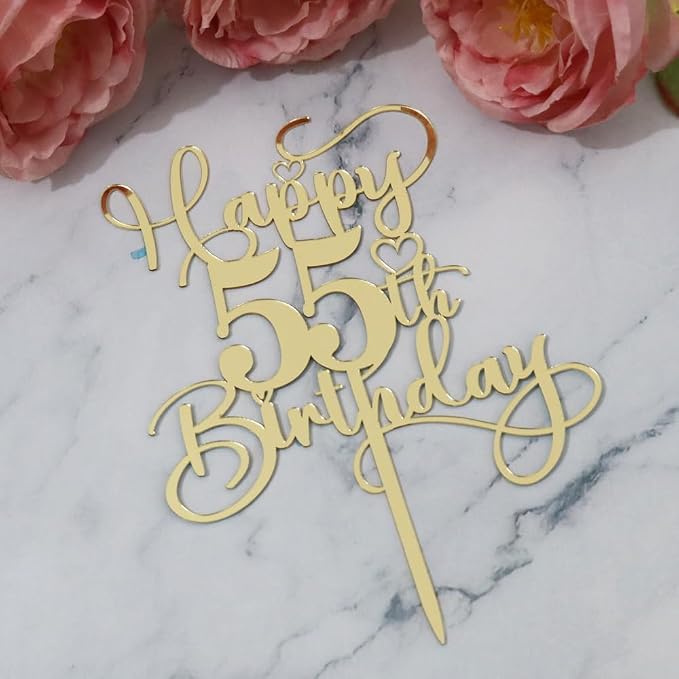 Happy 55th Birthday Cake Topper，Mirrored Gold Acrylic Topper for Cheers to 55 Years Birthday/Anniversary Party Decoration Ideas, Perfect Keepsake for your family and friends (55th)