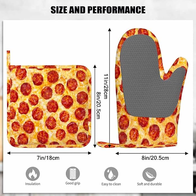 Mxocom Pepperoni Pizza Heat-Resistant Oven Mitts and Pot Holder a Seamless Food Texture Kitchen Non-Slip Cooking Microwave Gloves for Cooking Baking Grilling