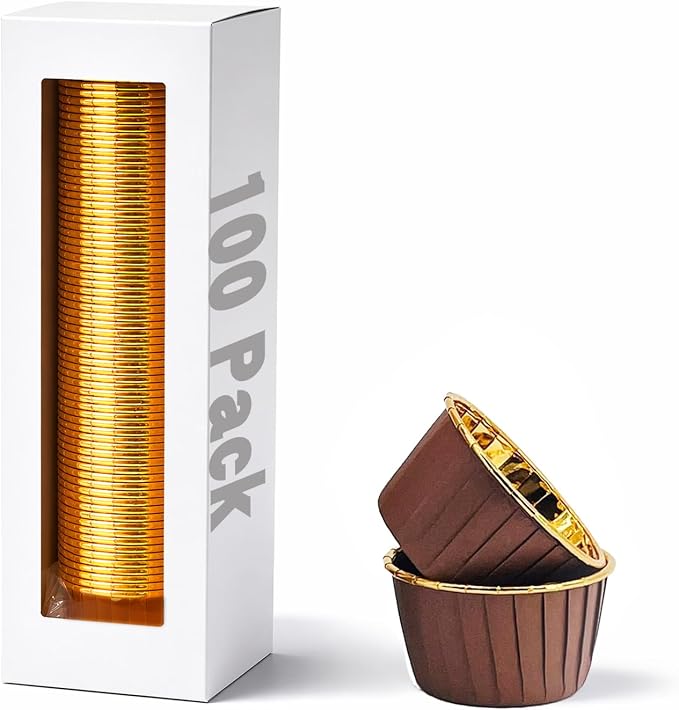 Party Hippo Cupcake Cups, 3.5 Oz 100 pcs Disposable Foil Muffin Liners, Gold Baking Cups, Ramekin Aluminum Cupcake Tip Pan Ramekin Holders, Little Baking Cups (100, Coffee)