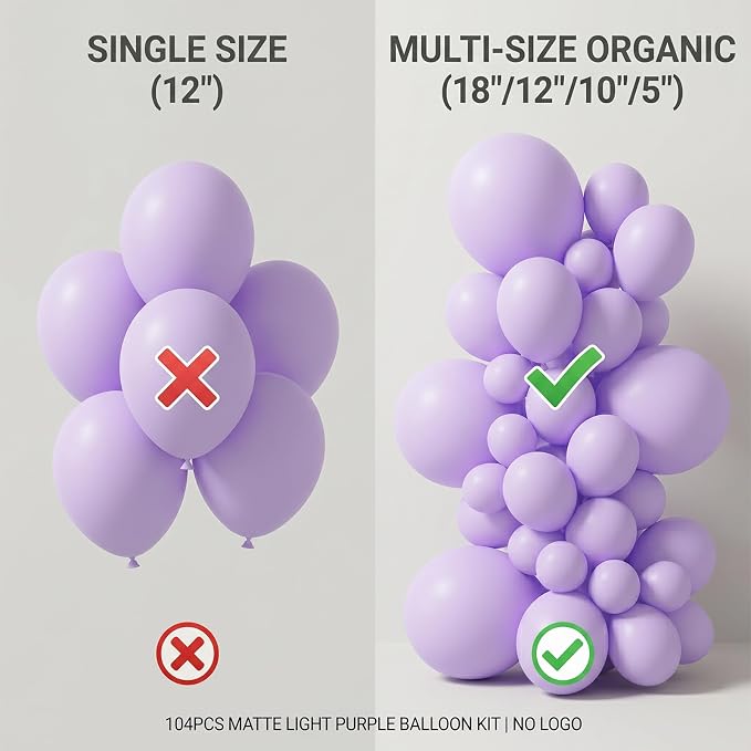 104pcs Pastel Purple Balloons Garland Arch Kit, 18 12 10 5 Inch Macaron Light Lavender Lilac Latex Balloons for Baby Bridal Shower Wedding Birthday Butterfly Party Decorations