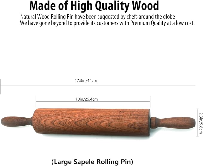 Classic Sapele Wooden Rolling Pin With Handles Large17.3"L x 2.3"W | Wood Baking Roller for Pizza, Pie, Bread, Pastry & Cookie Dough