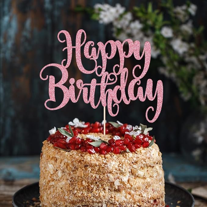 Happy Birthday Cake Topper- Glitter Happy Birthday Cake Decor, Handmade Anniversary/Birthday Party Supplies (pink)