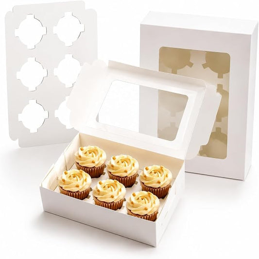 Pralb 20Pack White Cupcake Boxes with Inserts 6 Holders,White Standard Bakery Boxes with Pvc Window,Cupcake Containers Bakery Cake Box,Auto-Popup Cupcake Containers Carriers Bakery Cake Box(9x6x3inch)