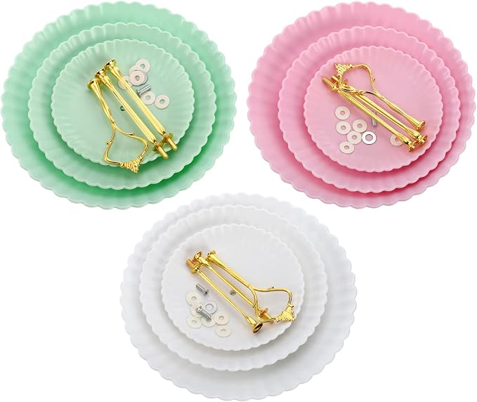 Tosnail 3 Pack 3 Tiers Plastic Cupcake Stand, Round Dessert Stand, Tiered Serving Trays with Gold Rod, Party Serving Trays, Fruit Pastry Holders for Wedding and Party - Assorted 3 Colors