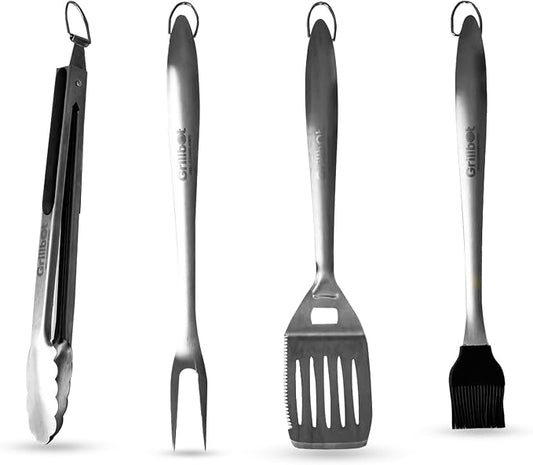 Grillbot 4-Piece Grill Utensils Kit, BBQ Accessories Grill Tools Set, Stainless Steel Barbecue Grill Accessories for Outdoor Grill (Tongs, Spatula, Fork, Basting Brush) Grilling Gifts for Men Dad