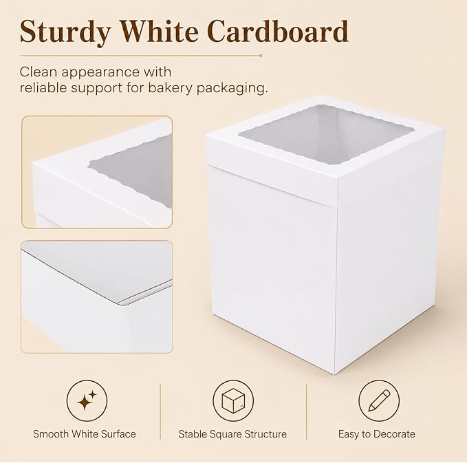 JCD Heavy-Duty 8x8x10inch Corrugated Cake Boxes Fits 6in Double Layer Cakes | White thick shockproof corrugated boxes anti-collapse; 10in extra height fits birthday cake toppers,bakery cake packaging