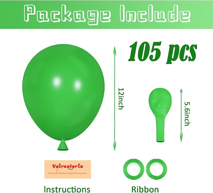 Voircoloria 105pcs Green Balloons 12inch Party Latex Balloons for Birthday Dinosaur Baby Shower St. Patrick's Day Summer Jungle Forest Safari Party Decorations