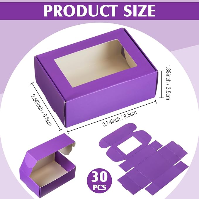 Zonon 30 Pcs Soap Boxes for Homemade Packaging, Mini Kraft Boxes with Window for Bakery Candy Soap Making Gift Packaging, 3.7x2.6x1.4 Inch (Purple)