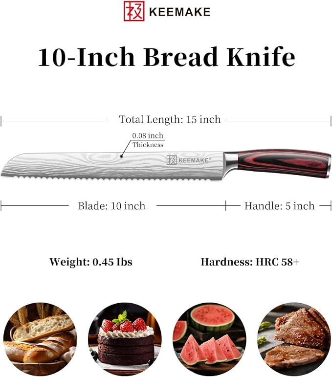 KEEMAKE 10 Inch Bread Knife for Homemade Bread - Ultra Sharp for Serrated Sourdough, Crusty Artisan Loaves, Bagels & Cake, High Carbon Stainless Steel Slicing Knife with Cover & Dad Gift Box