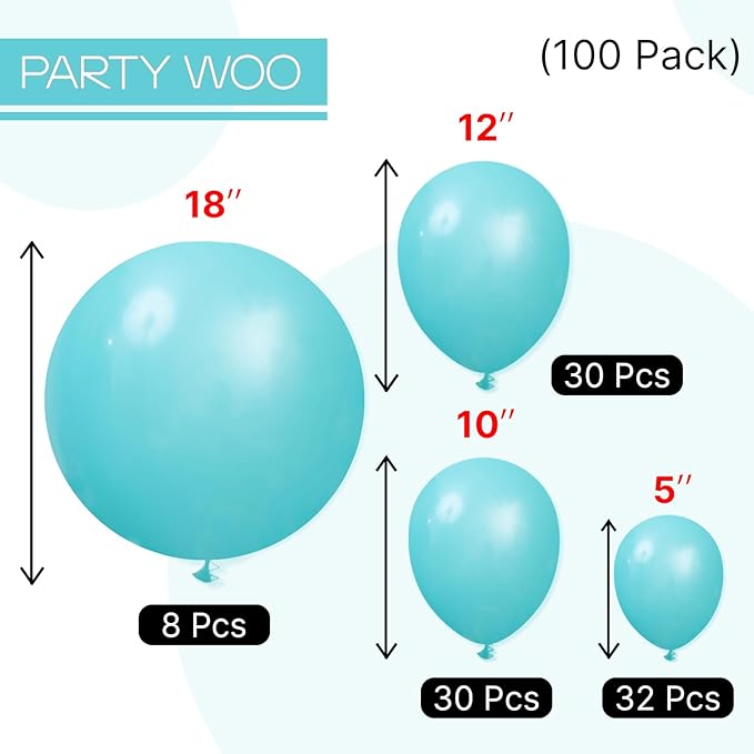 PartyWoo Teal Balloons 100pcs Different Sizes Pack of 18 12 10 5 Inch Turquoise Dark Teal Balloon Arch Kit for Baby Shower Gender Reveal Graduation Mermaid Birthday Pool Party Decorations Blue-Y69