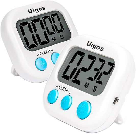Uigos 2 Pack Digital Kitchen Timer II 2.0, Big Digits, Loud Alarm, Magnetic Backing, Stand, for Cooking Baking Sports Games Office (White) (2 Pack)