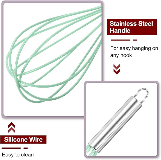 HARFINGTON 5Pcs Silicone Whisk 12" Kitchen Whisk Wire Whisks Beater with Stainless Steel Handle for Egg Milk Whisking Blending Beating & Stirring, Green
