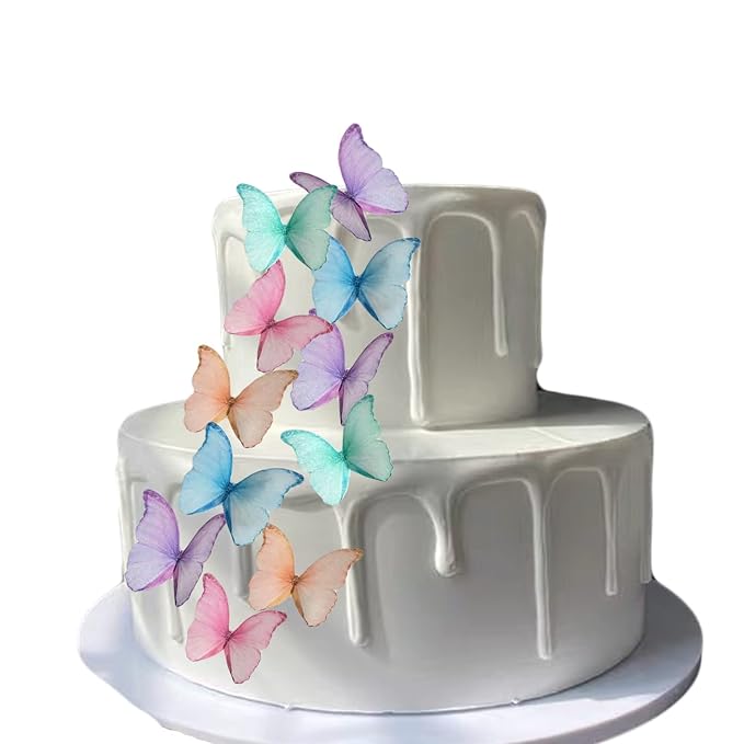 Weraru 48Pcs Edible Wafer Paper Butterflies Cupcake Topper Purple Pink Green Cake Decorations Mixed Color