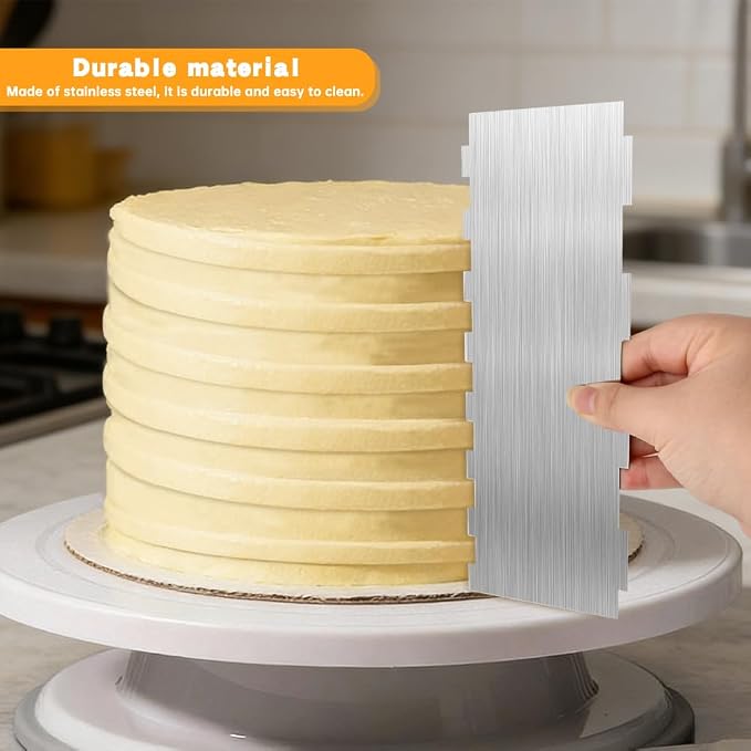 6PCS Stainless Steel Cake Scraper,Cake Decorating Comb Large Double Sided Patterned Edge Stripe Edge Cake Smoother Frosting Scraper for Mousse Butter Cream Decora(silver,Size:8.66inch/22cm)