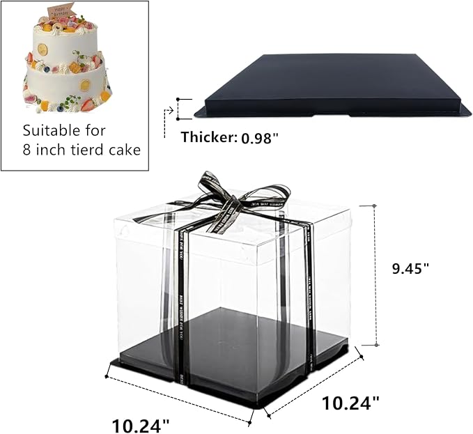6 Pack Clear Cake Box with Ribbon, Tall Cake Carrier for 2-Layer Cake Holder, 10x10x9 inches Transparent Gift Boxes for Pastries with Lid and Black Board, Display Wedding Gift Packaging