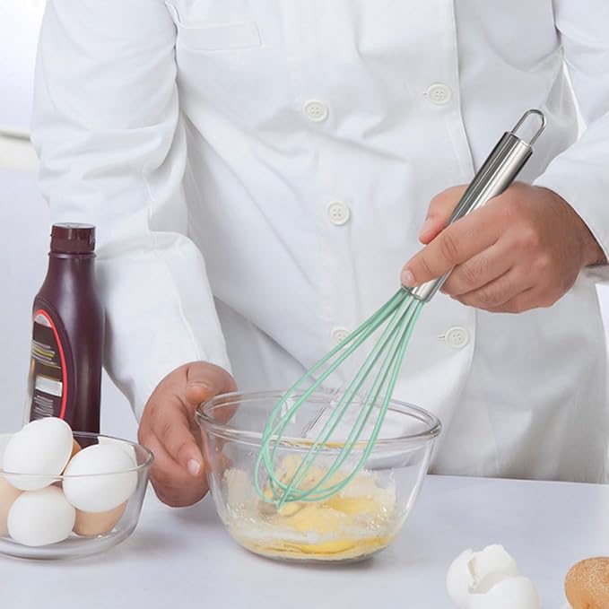 1-Piece Khaki Silicone Whisk with Stainless Steel Handle BRIIEC 10-inch Egg Beater Milk Beater Balloon Whisk Manual Baking Tool for Blending Stirring Whisking and Beating