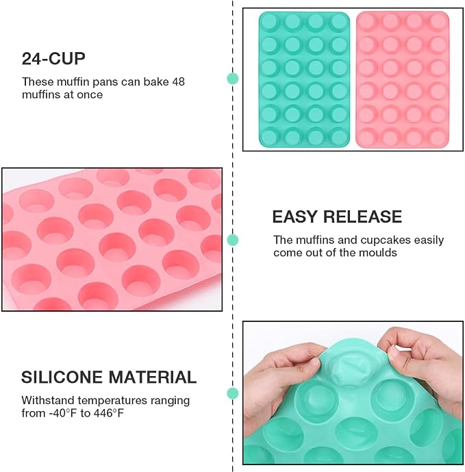 2PCS Silicone Mini Muffin Pan, 24 Cups Cupcake Pan for Baking, Mini Muffin Baking Pan for Cakes, Tart