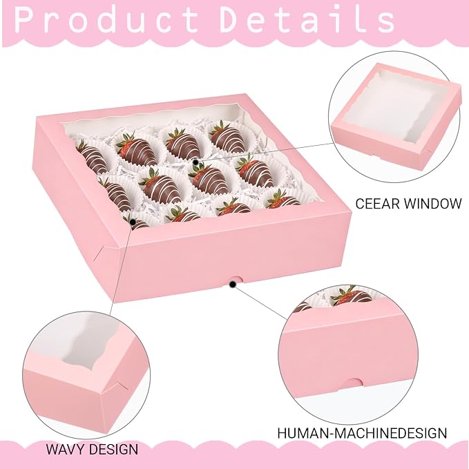 Pie Boxes Pink Bakery Boxes with Window (6pcs, 9x9x2.5 Inch) for Christmas: Ideal for Pie, Cookies, Chocolate Covered Strawberries, Breakable Heart & Charcuterie