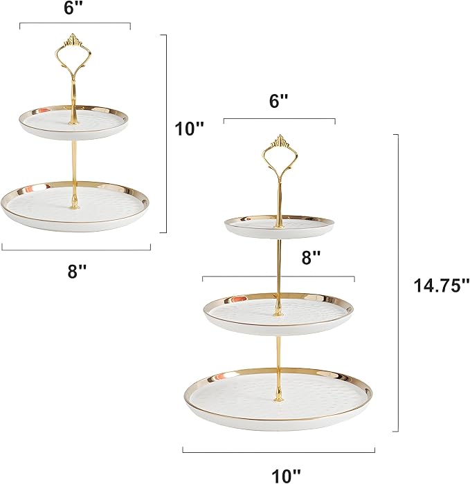 Tosnail Set of 2 Porcelain Cupcake Stand Ceramic Dessert Stand Tiered Serving Trays with Gold Rod, 3 Tiers and 2 Tiers Cake Stand Party Serving Trays Fruit Pastry Holders for Wedding and Party