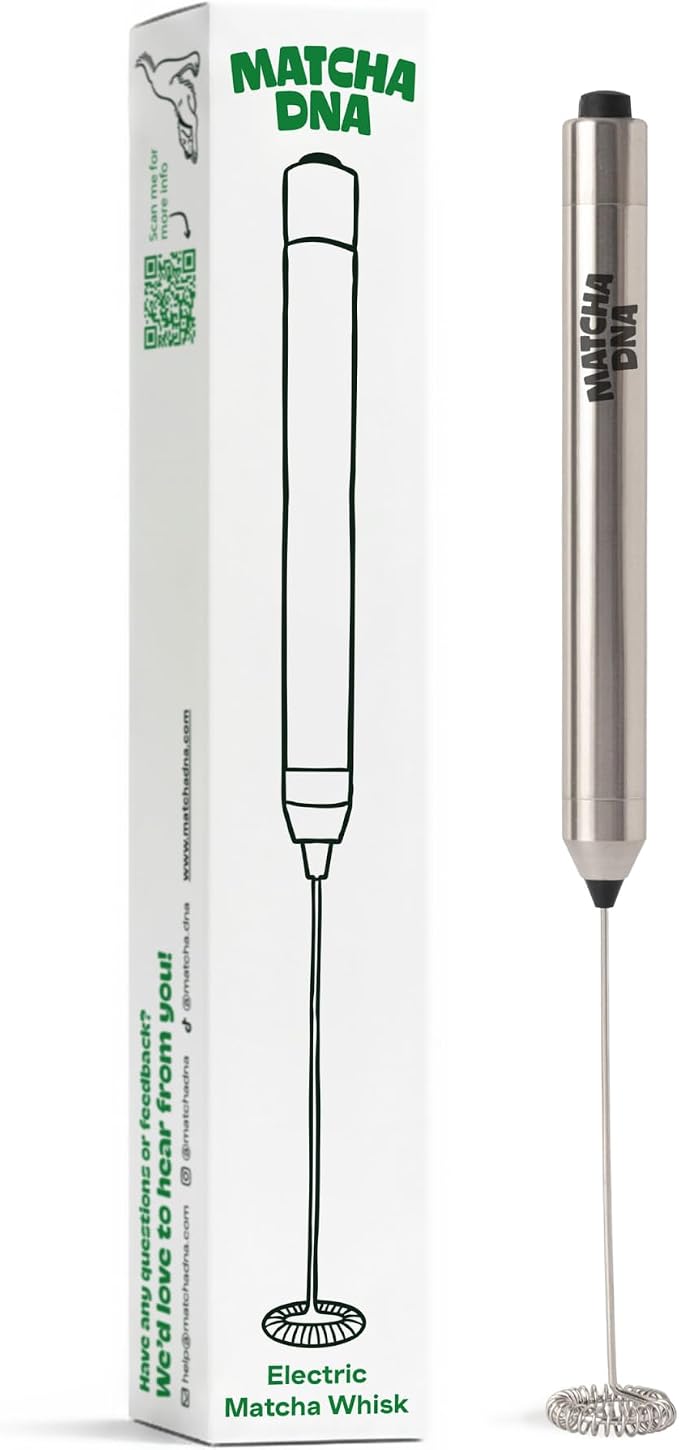 Matcha DNA Handheld Milk Frother Wand. Stainless Steel Electric Matcha Whisk, Lightweight. Hand Mixer for Coffee, Matcha Lattes, Protein Shakes & Drinks. Battery Operated Milk Frother Handheld Whisk