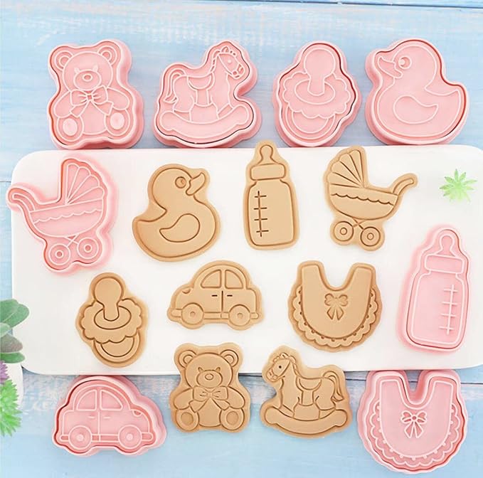 8 Pieces Cute Baby Shower Cookie Cutters Plastic Newborn party Cookie Stamps Cookie Mould Press Babies Shower Cookie Mould Set Baking Kitchen Tools