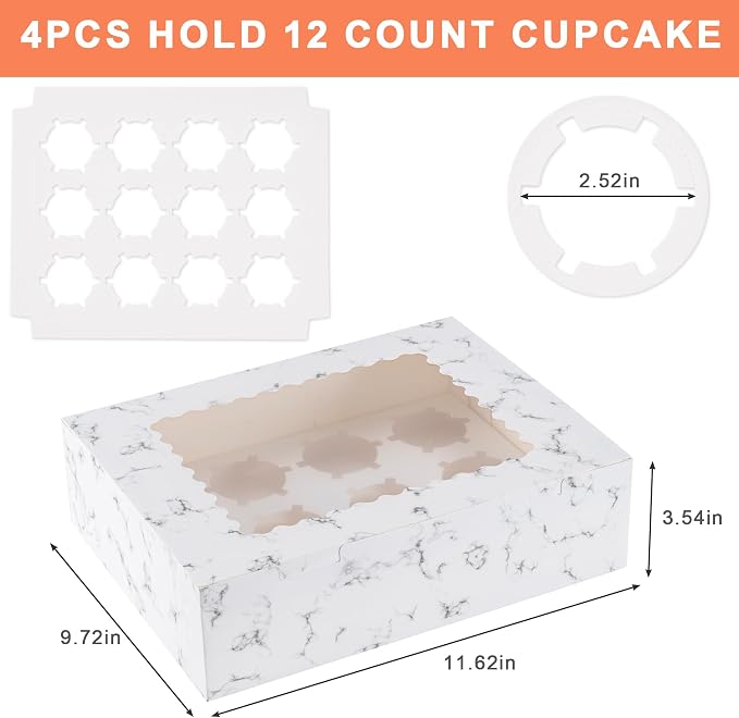 12 Count Cupcake Boxes, 4PCS Cupcake Container with Window, Food Grade Cupcake Holder for Birthday Holiday Party, Bakery Supplies for Cupcakes, Desserts, and More (Marble)