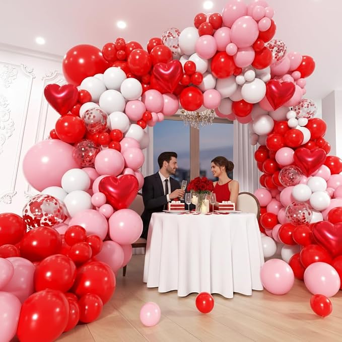 Valentines Day Balloons Garland Arch Kit - Different Size Red Pink White Balloons and Heart Foil Balloons for Valentine's Day Galentine's Day Engagement Anniversary Party Decoration Supplies