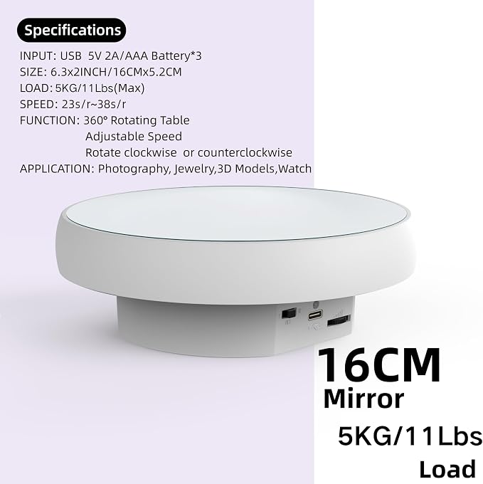 JAYEGT Motorized Rotating Display Stand, 6.3inch /11Lbs Load ,Mirror Cover ，360 Degree Electric Rotating Turntable ,Cup Display Turner Stand,Photography Products, Jewelry ,Tumbler-White