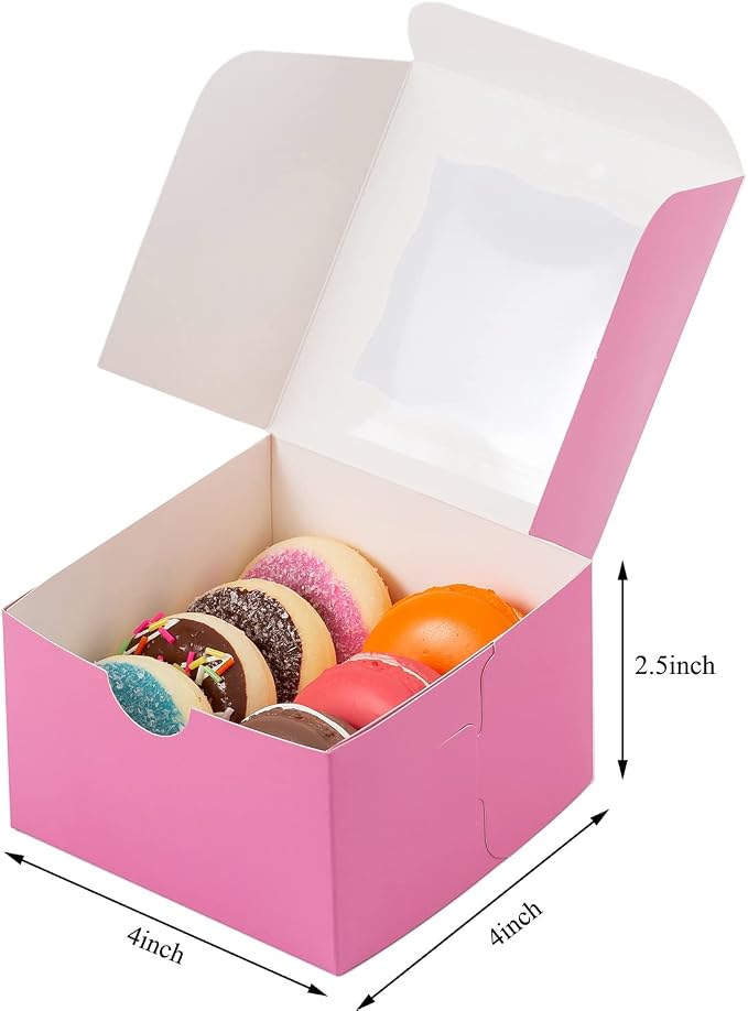 100Pcs Paper Cookie Boxes With Window Small Bakery Boxes 4x4x2.5 Inches Mini Cake Boxes For Pastries,Cupcakes,Desserts,Donuts,Chocolate Strawberries,Candy,Treat Boxes(4 * 4 * 2.5,Pink)