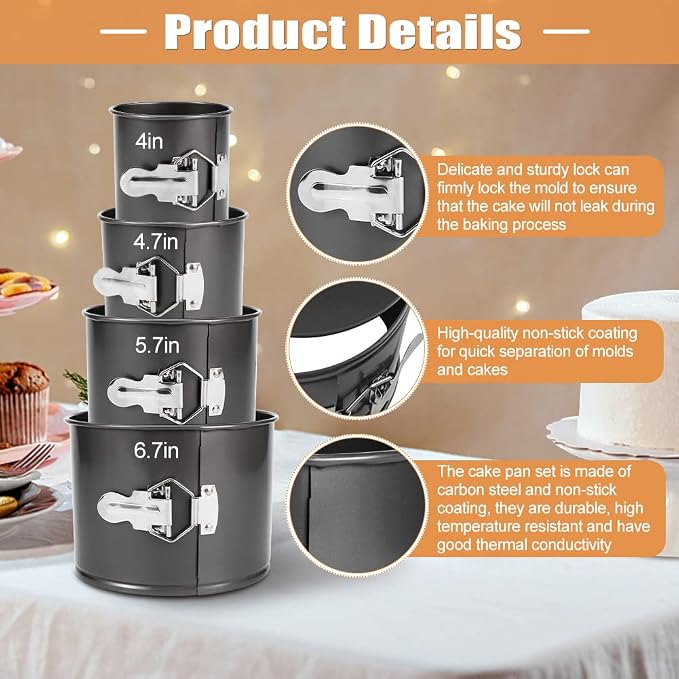 4Pcs Springform Cake Pan(4”/4.7”/5.7”/6.7”), Heighten Mini Nonstick Carbon Steel Cheesecake Pan, Leakproof Cake Baking Pans with Removable Bottom, Mini Spring Form Pan