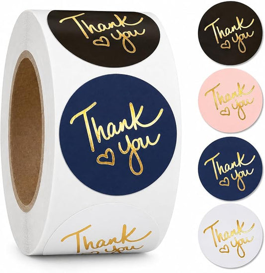500 2 inch Thank You Stickers – Round Labels with Gold Foil Heart (Black, White, Pink, Navy)– Large Stickers for Small Business Packaging, Envelopes, Gift Bags & Orders – Self-Adhesive Seals