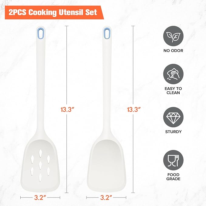 Silicone Cooking Spatula&Slotted Spatulas, Pack of 2,Solid Turner Kitchen Utensils Set for Cooking,Frying, Baking, Flipping, Turning,Heat Resistant 450℉ (White)
