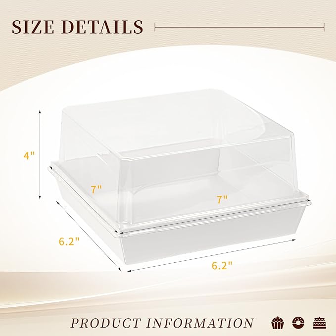 7 x 7 x 4 Inches Paper Cake Boxes with Clear Lids, 50 Pack White Large Charcuterie Square Food Containers, Valentine's Day Disposable Bakery Boxes for 4-6 Inch Bundt Cake, Pie, Dessert