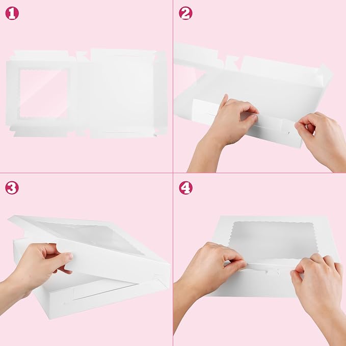 Yeplan 10-Pack Cookie Boxes with Window, 12x12x2.5 Inch Bakery Boxes, White Treat Boxes for Desserts, Donuts, Muffins, Pies, Chocolates - Pastry Packaging for Baked Goods
